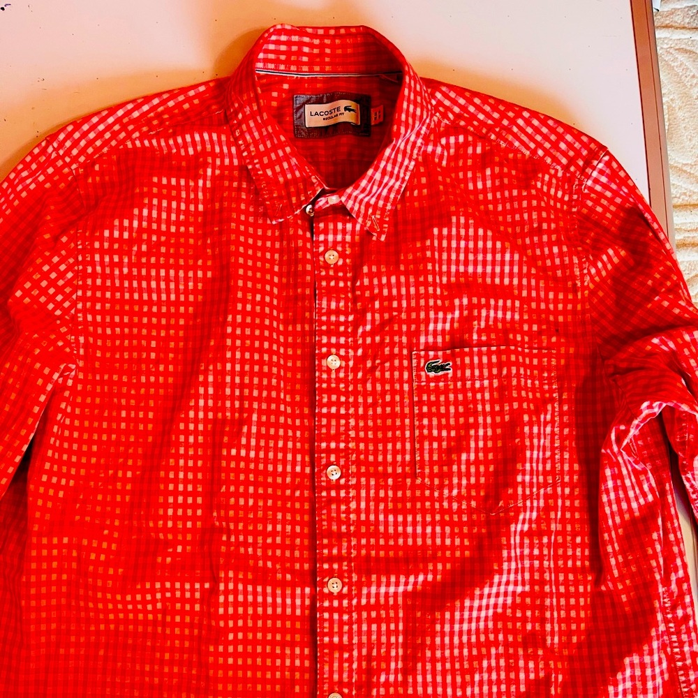 Mens Lacoste Long Sleeve Button Up Shirt. Orange checker size XL